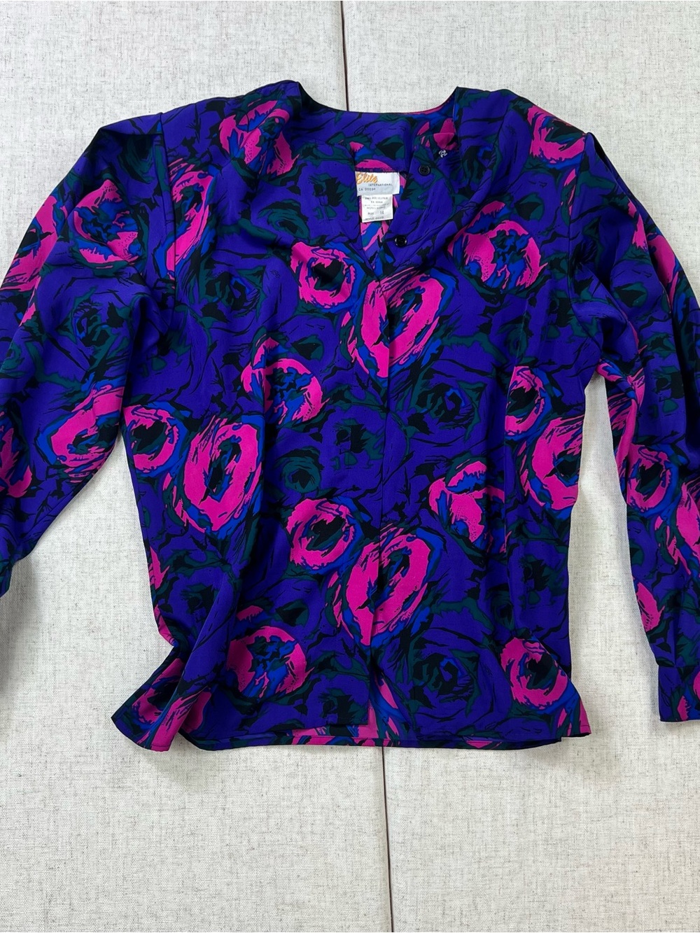 Vintage 80s Purple Pink Abstract Rose Print Collarless Blouse Whimsigoth Sz 14